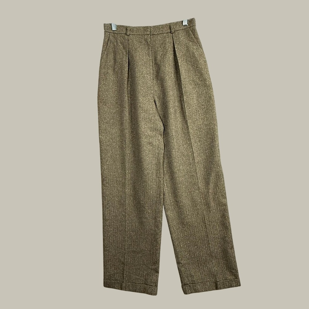 Jones New York Wool Blend Metallic Tweed Pleated Trousers Brown Gold Size 10